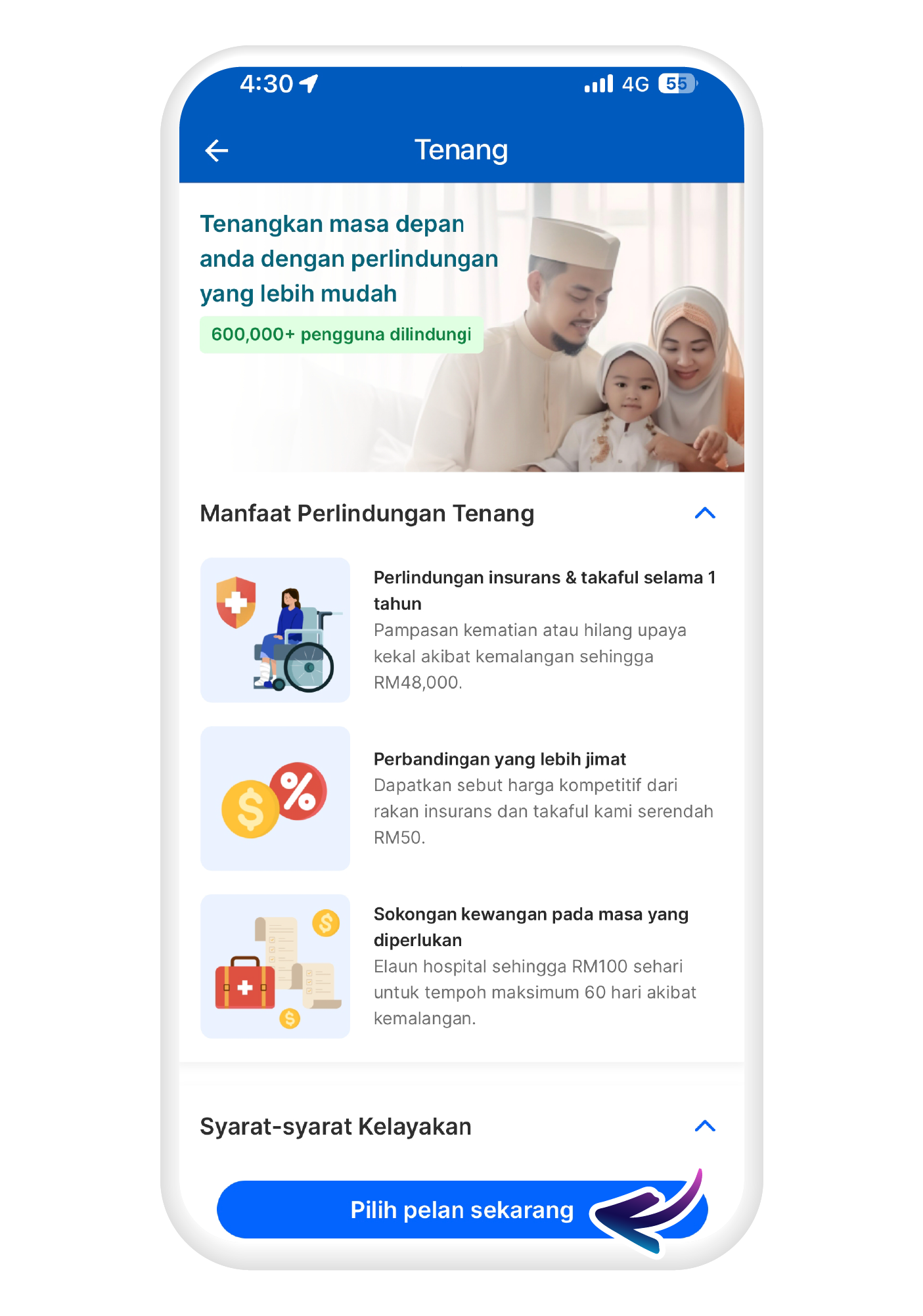 Tekan "Pilih pelan sekarang" untuk memilih pelan mengikut kemampuan anda​