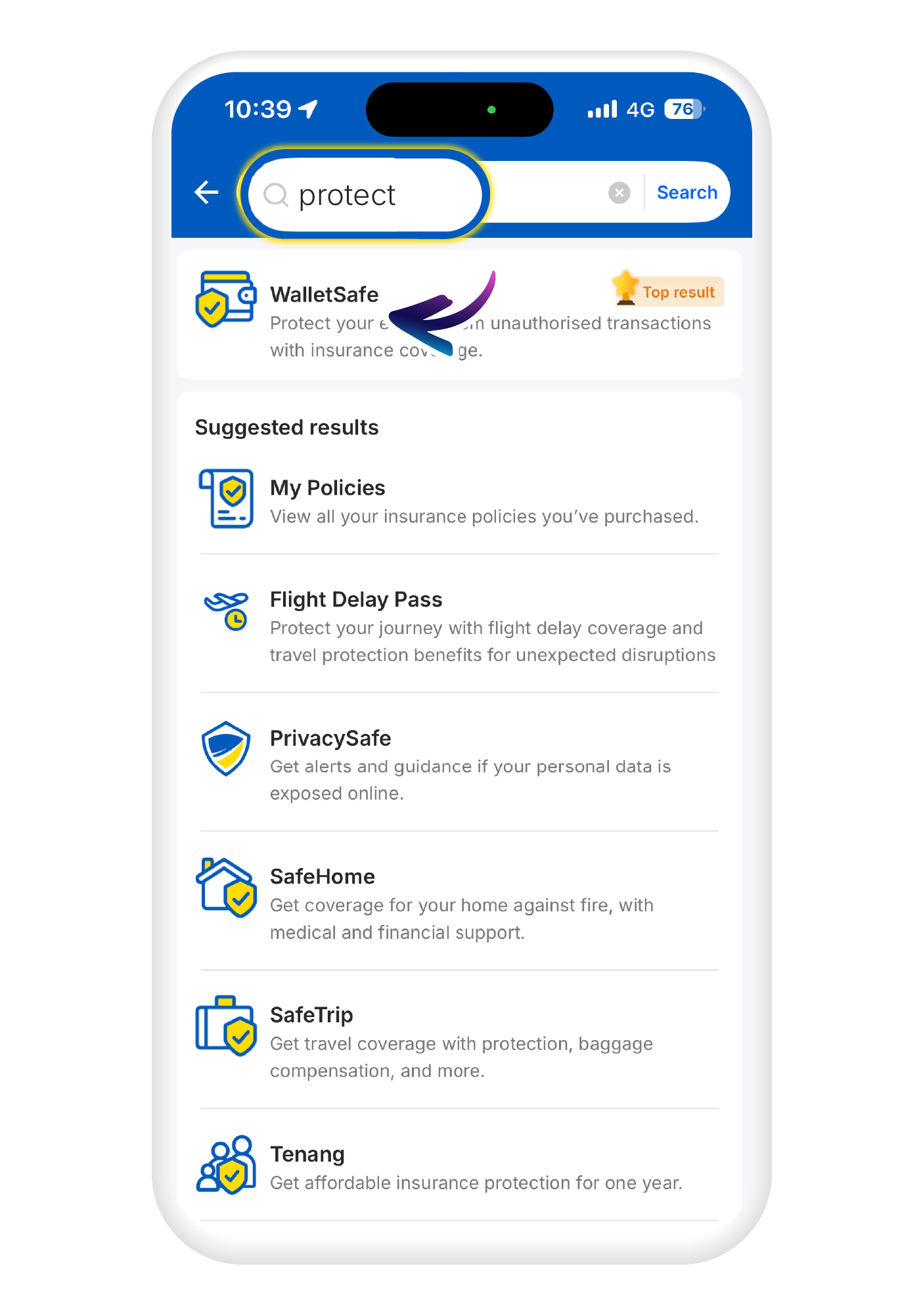 Search "protect" on TNG eWallet and tap "WalletSafe"