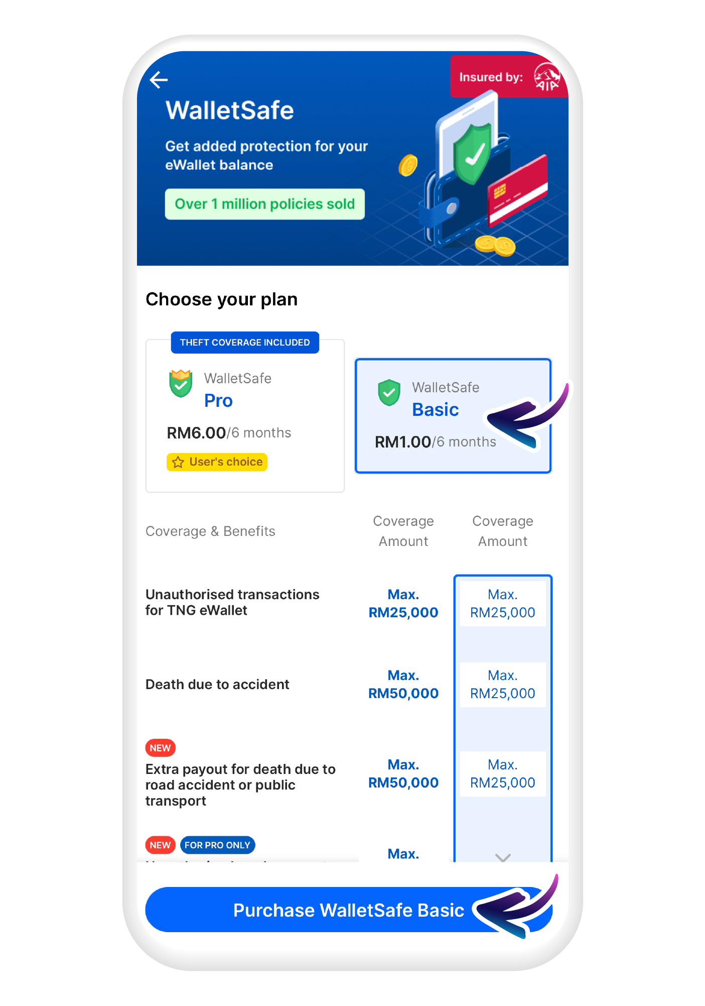 Choose "Basic" or "Pro", then tap "Purchase WalletSafe"