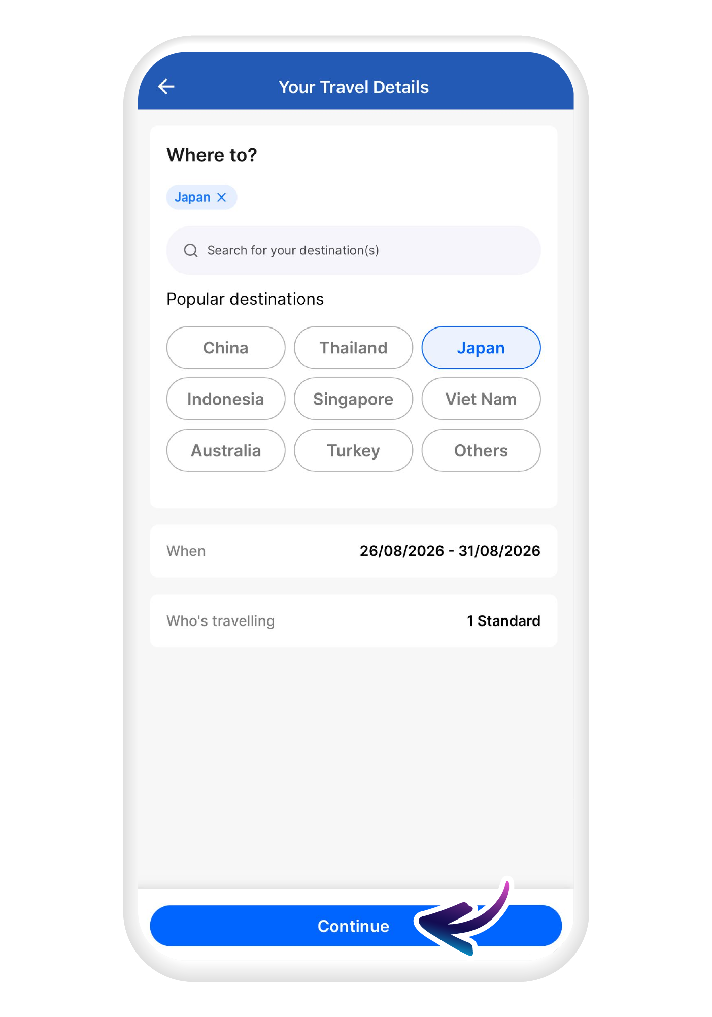 Key in your travel details then tap "Continue"