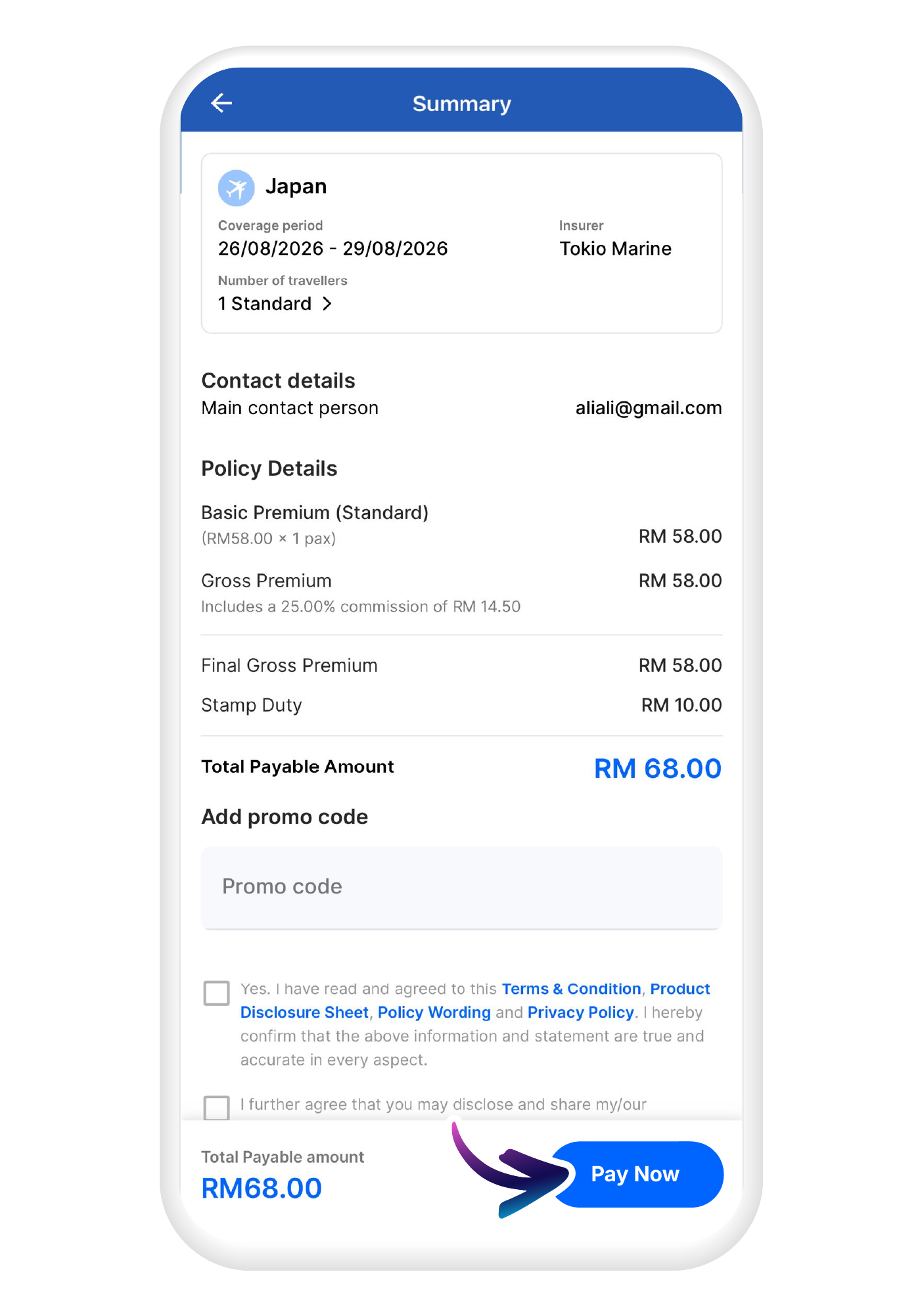 Check all details and tap "Pay Now" to purchase