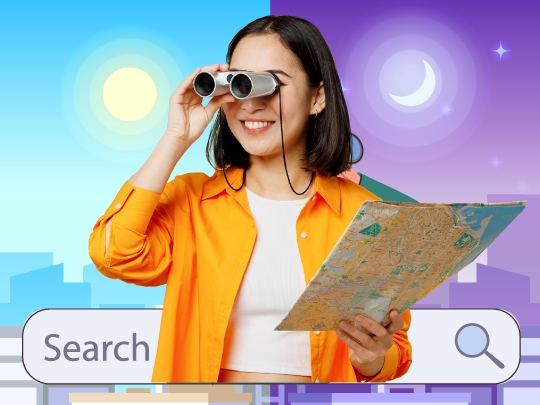 Lady with map wearing binoculars