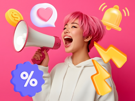 Lady shouting using on promotion, discount