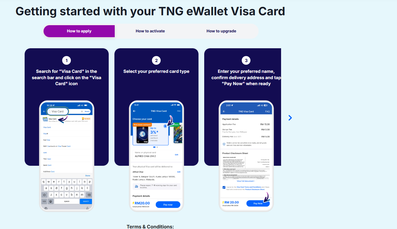 App screens showing how to order a replacement Visa Card