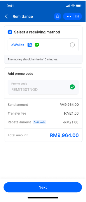 Step 2: choose eWallet and review the RM21 service fee