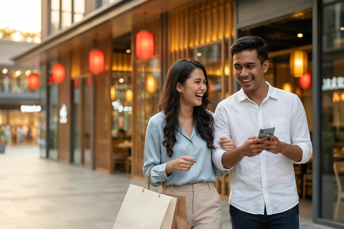 Asian couple shopping and using a phone outside restaurants