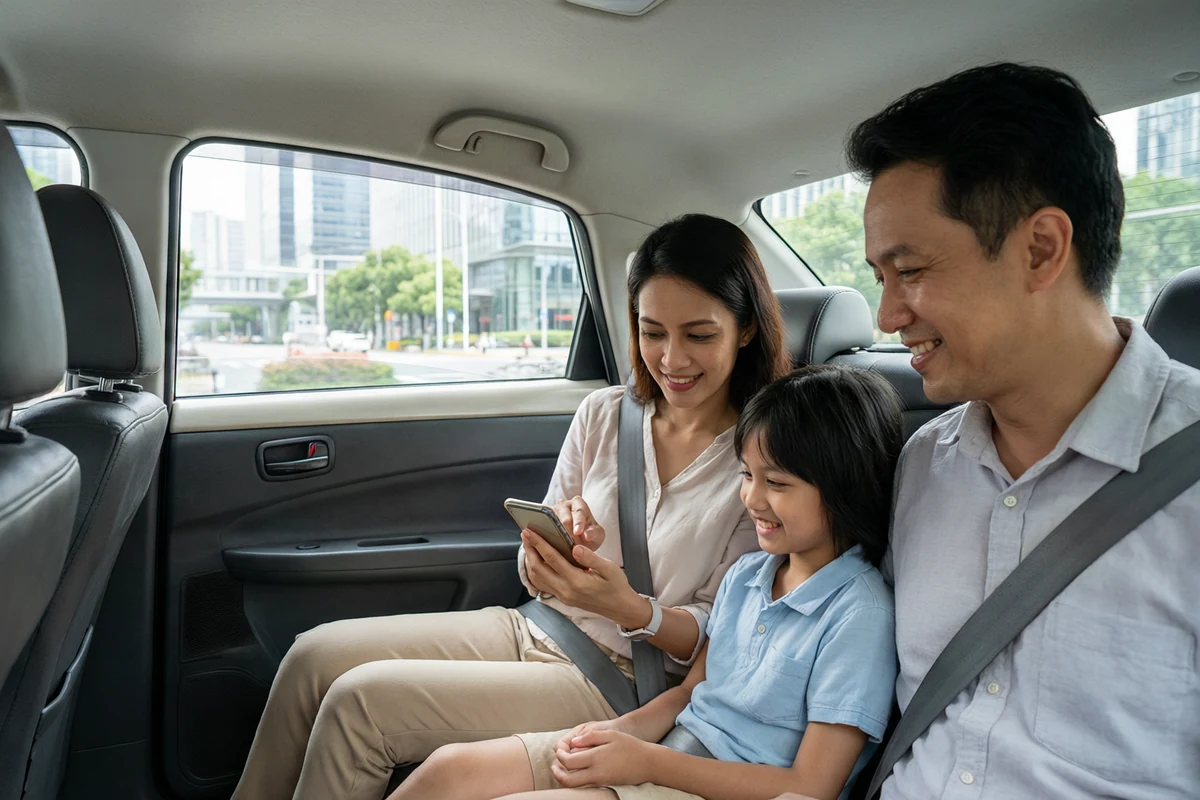 Asian family using a phone together while travelling in a car